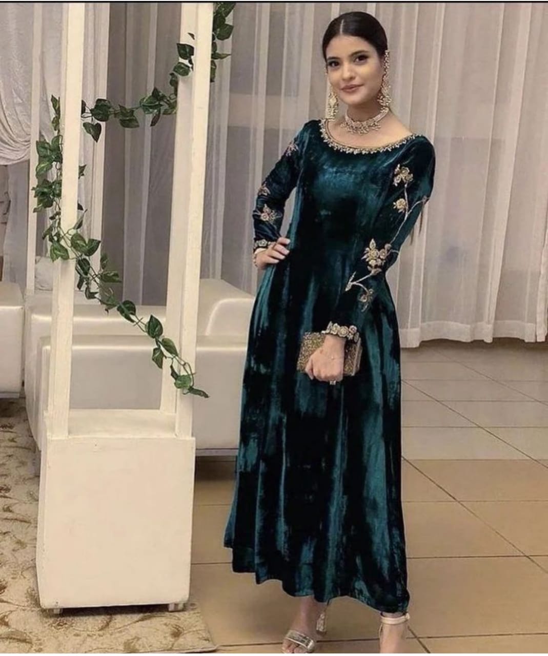 Green Sleeve Velvet Frock - Main Image